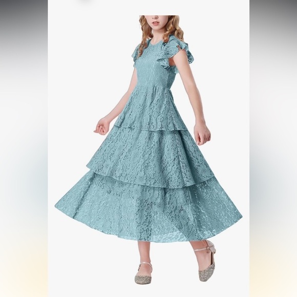 Girls Lace Maxi, Ruffle Sleeve Crewneck Tiered A-Line Swing Wedding Party Dress - Picture 1 of 7